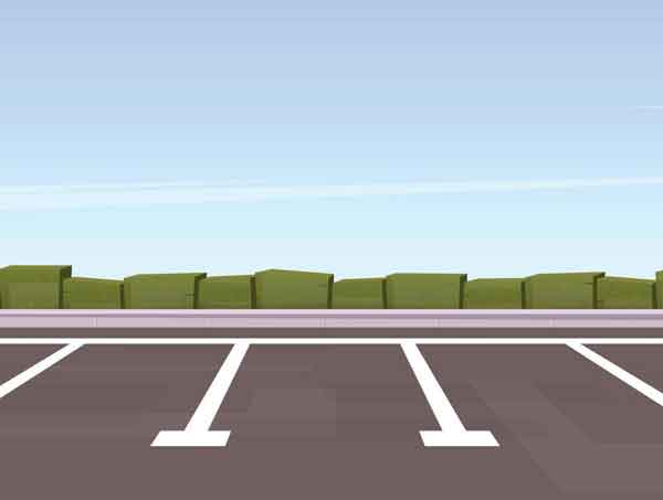 Empty parking lot in front of a restaurant